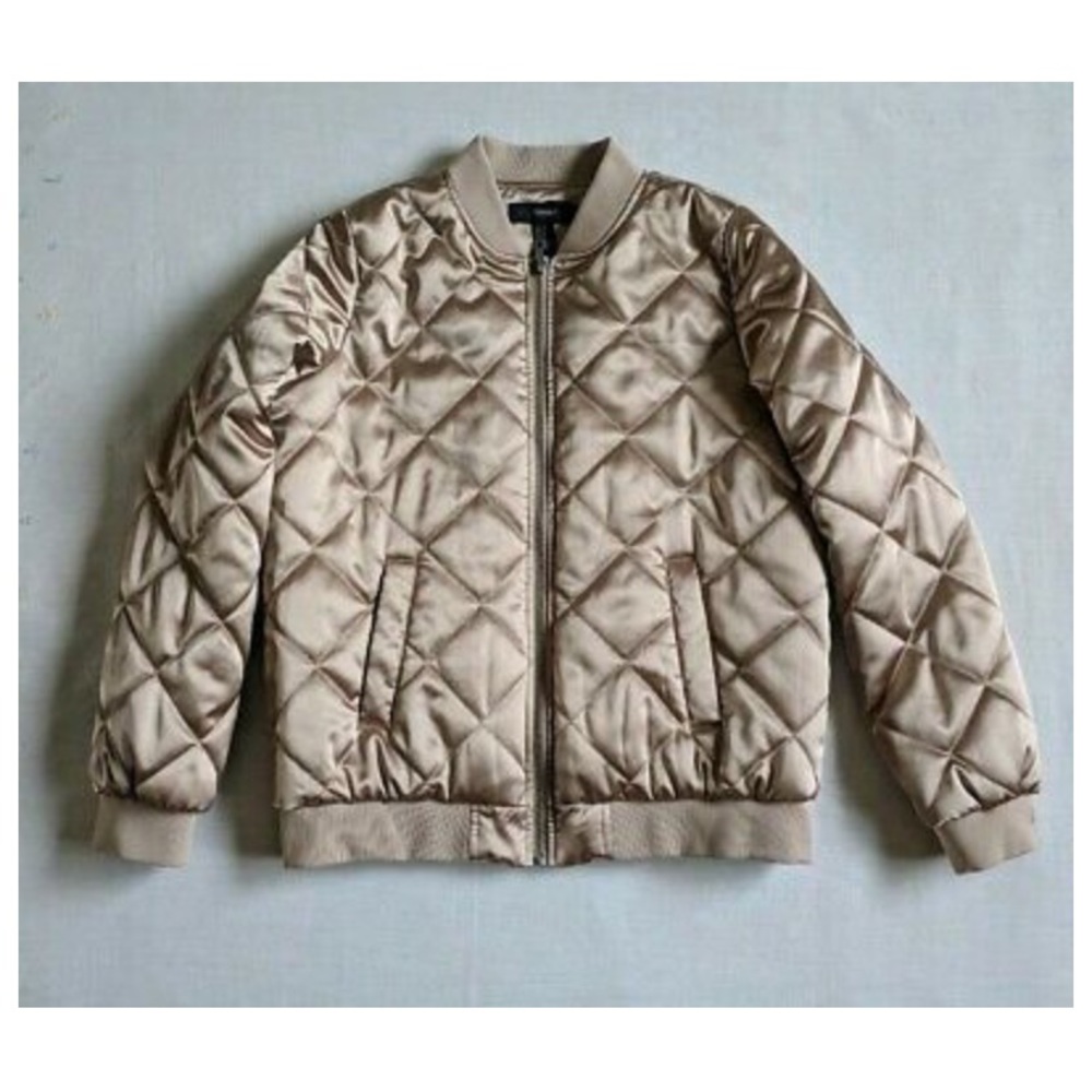 Forever 21 Gold/Taupe Quilted Satin Bomber Jacket